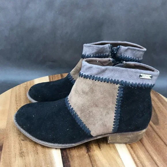 Roxy Black Brown Patchwork Block Heel Zip Up Booties Ankle Boots Womens Size 6 - Picture 3 of 7